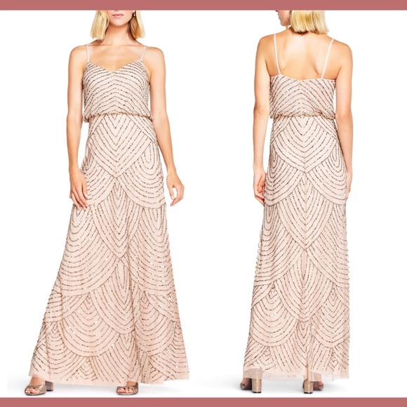 NWD‎ Adrianna Papell Embellished Blouson Gown in Taupe Pink [SZ 8 ] - Picture 1 of 8